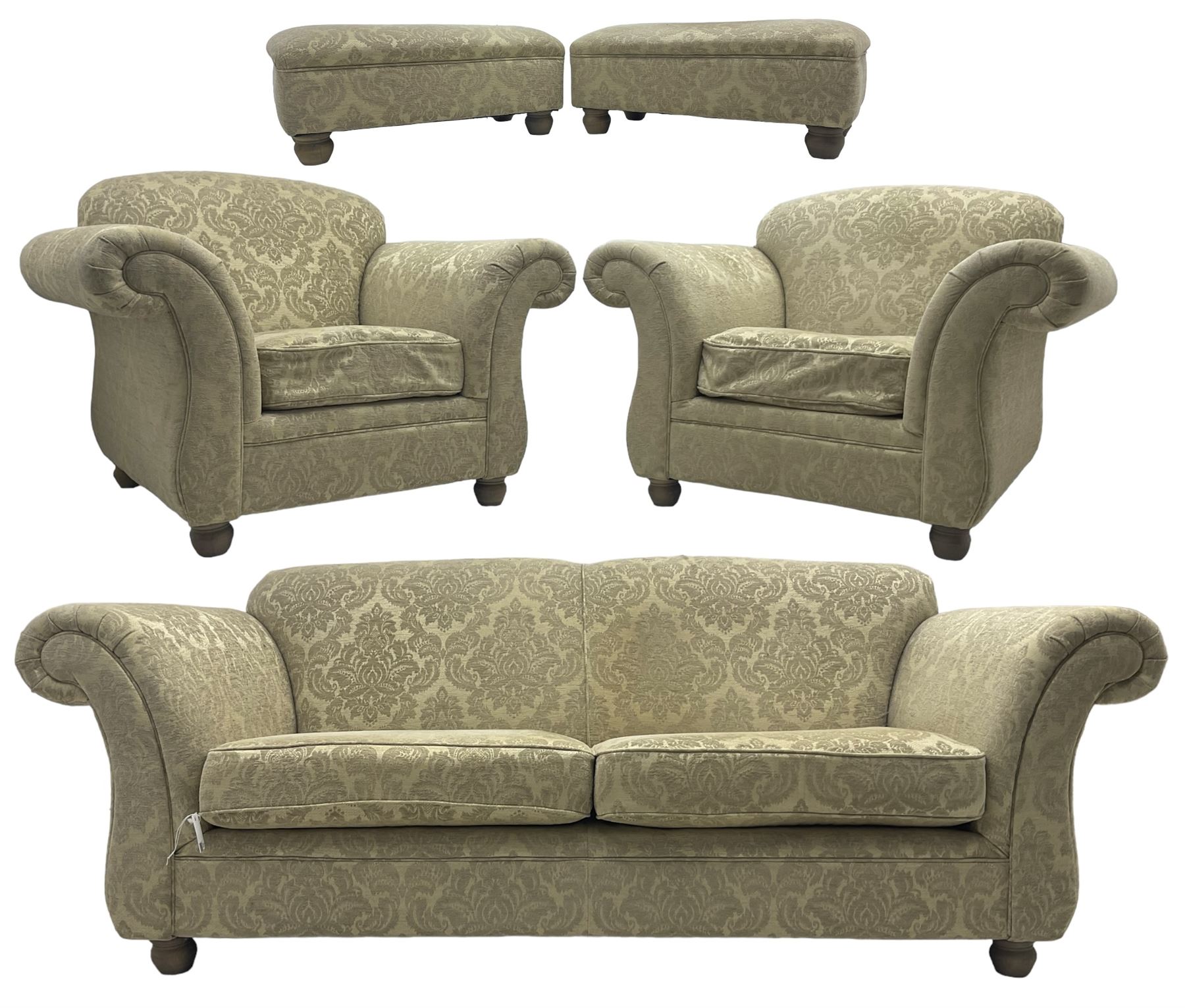 Traditional design three-piece lounge suite - three-seat sofa (W220cm, H90cm, D90cm); two armchairs (W115cm); and two footstools (77cm x 43cm, H31cm); upholstered in cream damask fabric