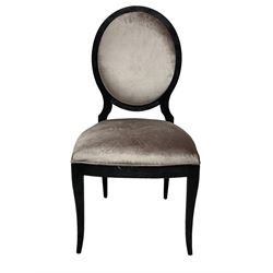 India Jane Interiors - Pair of French design cameo back dining chairs, upholstered in silver velvet fabric ebonised frame, on square tapering supports with splayed feet - ex-display/bankruptcy stock 