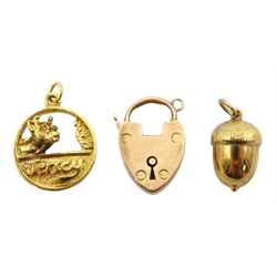  Gold 'Jersey' charm, acorn charm and heart, all hallmarked 9ct  