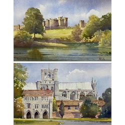 Kenneth W Burton (British 1946-): 'Alnwick Castle - Northumberland' and 'Winchester Cathedral', pair watercolours from the 'Counties of Britain' series signed, titled verso 14cm x 21cm (2)