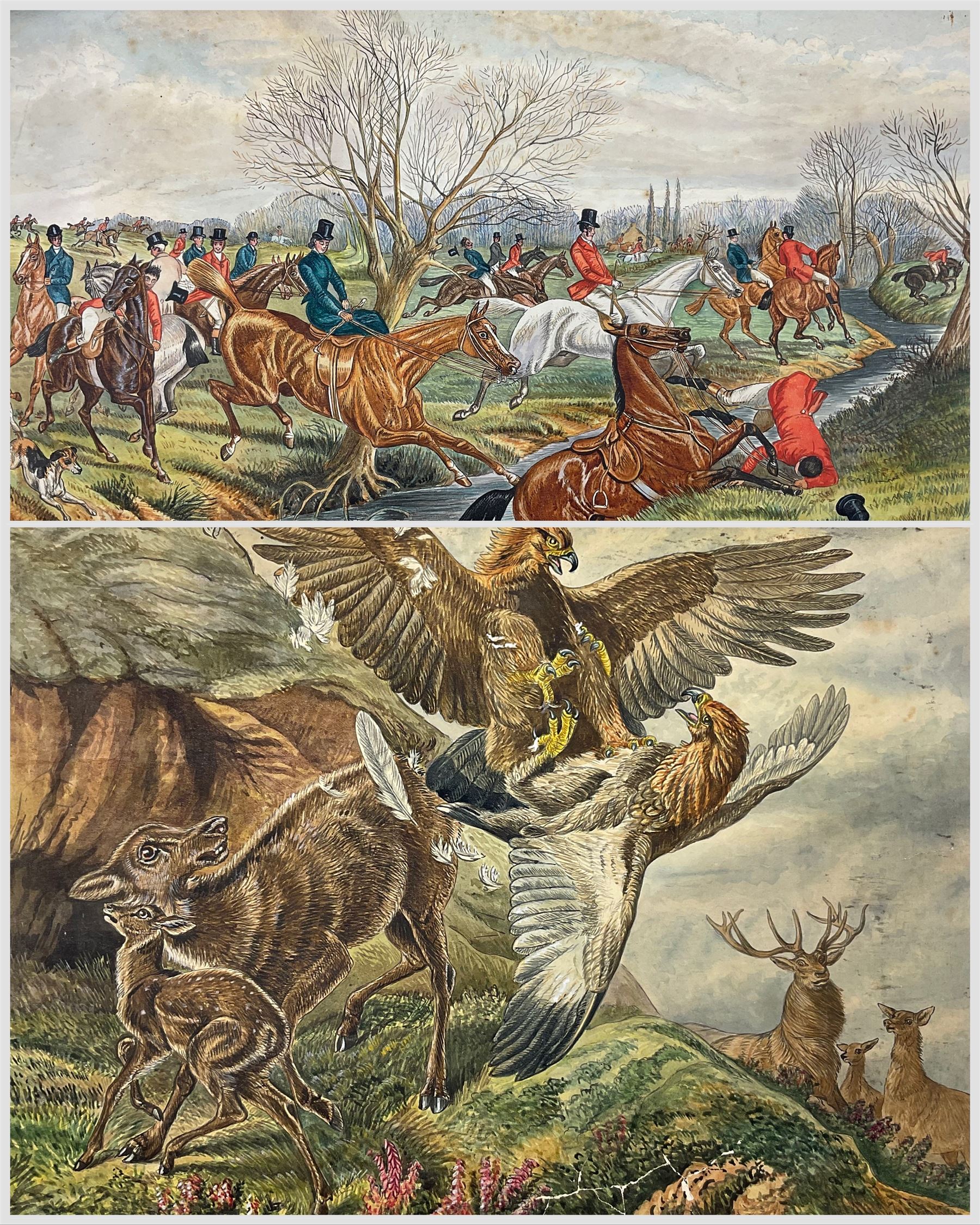 W Lees (British Late 19th Century): The Hunt and An Eagle Fight, pair unframed watercolours signed, dated 1881 max 33cm x 43cm (2)