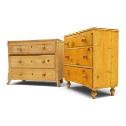 Two pine chests, comprising Victorian pine chest fitted with three  drawers with turned handles, shaped uprights extending to bracket feet, (H 83cm, W 77cm, D 41cm) and Continental pine chest fitted with three drawers with turned handles, on turned feet (H 81cm, W 100cm, D 51cm)