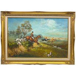 Coleman (British 20th century): Taking a Jump Hunting, oil on canvas signed 50cm x 75cm