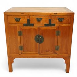 Mid-20th-century Chinese elm side cabinet, rectangular top above three drawers and a pair ...