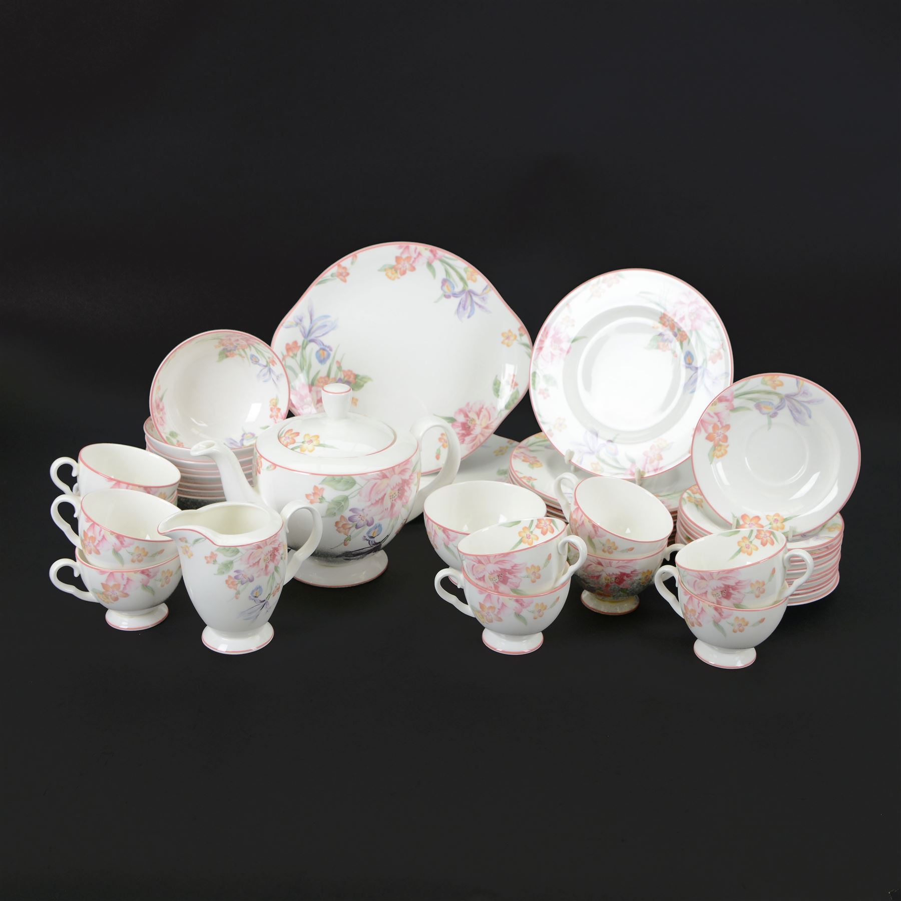 Royal Albert Ophelia pattern tea service, comprising teapot, milk jug, sugar bowl, ten teacups and saucers, 10 small plates, two serving plates and eight small dishes