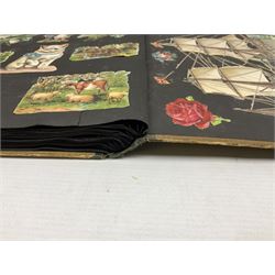 Victorian scrapbook containing twenty-six double sided pages and two fixed end pages of various fixed decoupage to include clippings of maritime interest, greeting cards, portraiture, flowers, animals etc, 