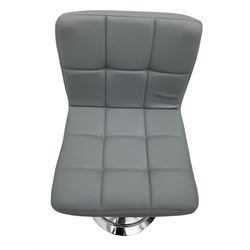 Pair contemporary bar stools, upholstered in grey, on polished metal base