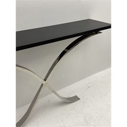 Contemporary console table, ebonised rectangular top on chromed curved x-framed base