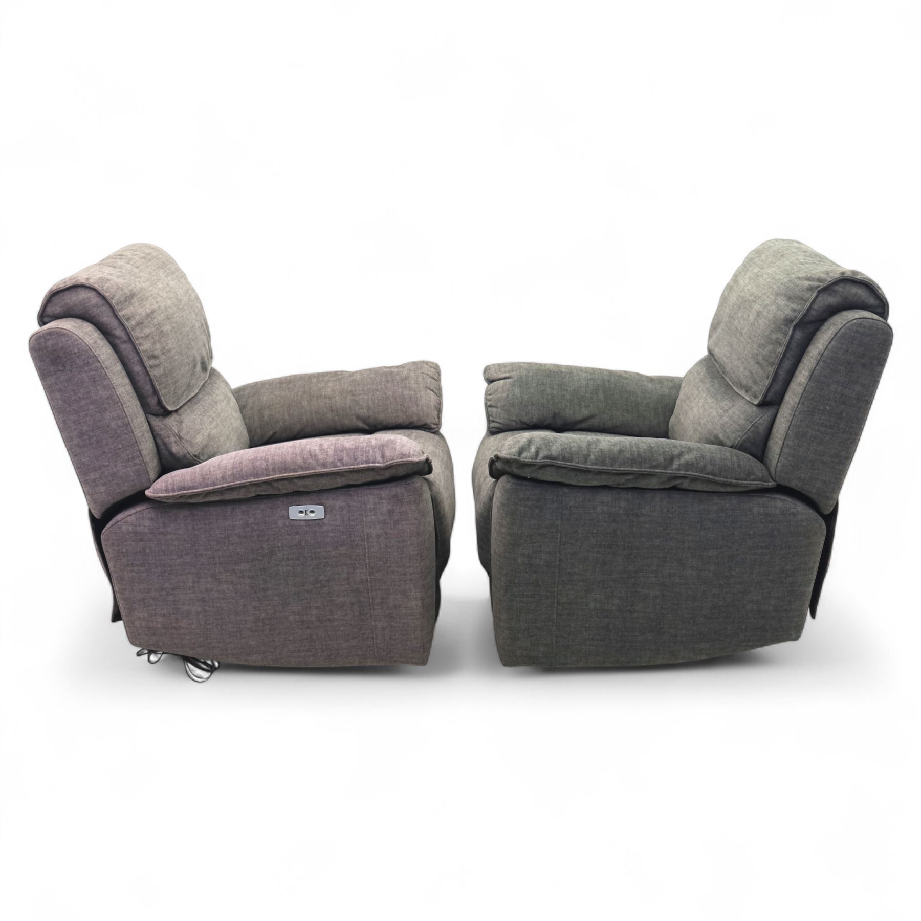 Oak Furnitureland - charcoal fabric electric recliner suite, comprising three-seat sofa and two matching armchairs, each with power reclining mechanism and integrated USB-A charging socket, upholstered in soft charcoal grey fabric with pillow arms and split back cushions

Armchairs W 100, D 82, H 104cm
Sofa W 230cm, D 82cm, H 104cm