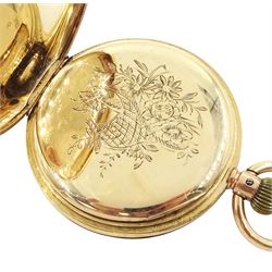 Early 20th century 9ct gold half hunter keyless lever pocket watch, No. 590035, white enamel dial with Roman numeral hour markers and subsidiary seconds dial, the inner dust cover with engraved flower basket decoration, case with London import marks 1916