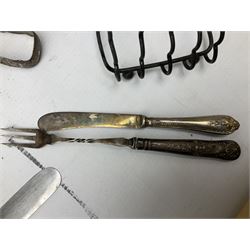 Silver handled fork stamped Sheffield 1901, together with silver handled knife hallmarked Sheffield 1930, quantity of silver plate and metalware, leather carry cases etc