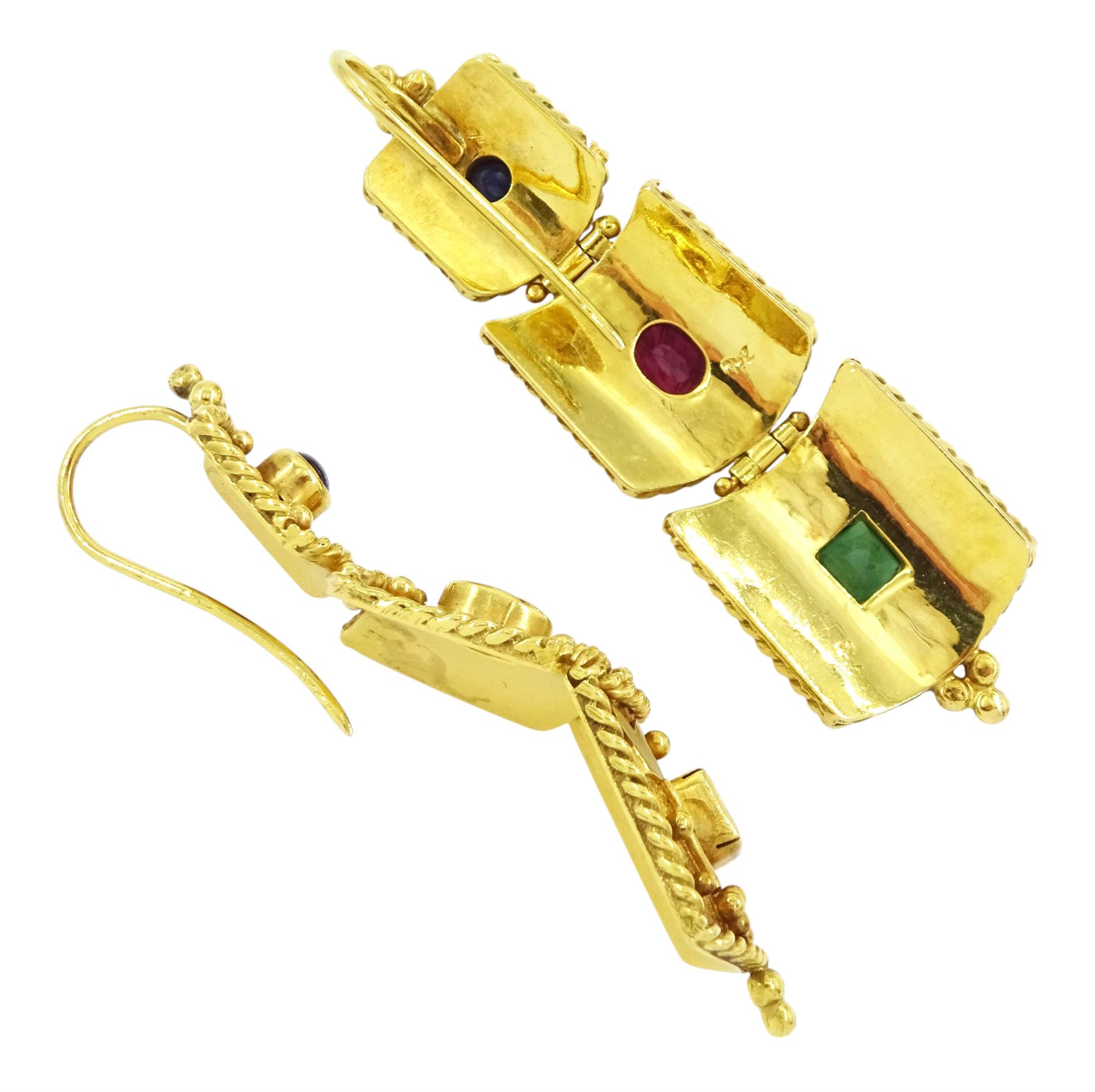 Gold emerald, ruby and sapphire pendant earrings, each three graduating panels set with a cabochon sapphire, oval cut ruby and square cut emerald