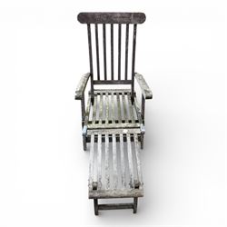 Two teak steamer chairs, one with cushion