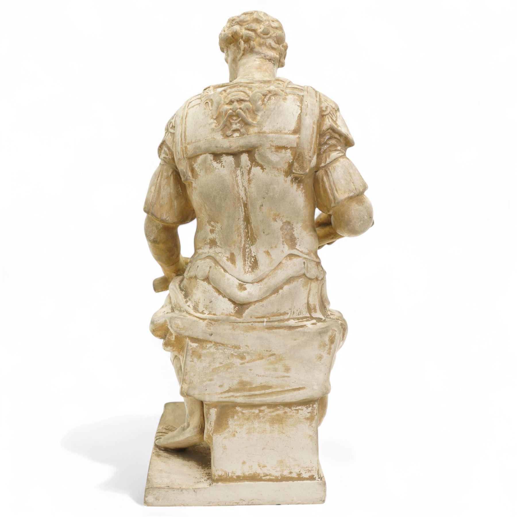 After Michelangelo (Italian 1475-1564) 19th century Florentine plaster figure of Guiliano de Medici as a Roman consul, impressed mark to base H44cm 