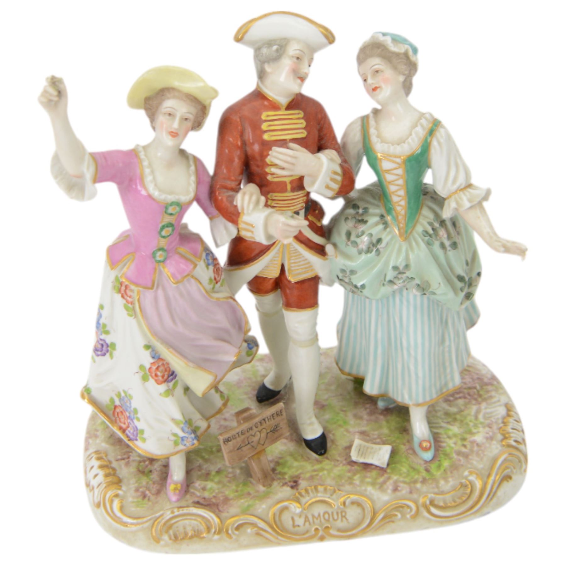 Continental figure group L' Amour,, together with a pair of courting figures and Staffordshire spill vase 