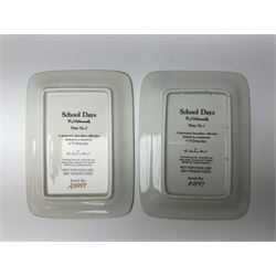 Two ceramic Hummel postcards by Goebel, both displayed on wooden easels, together nine Hummel eggs, set of four Hummel School Days plates, on wooden hanging rack, Goebel Collectors Club Member plaque etc