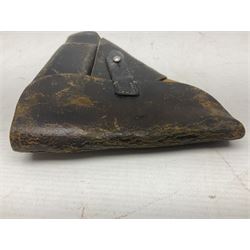 WW2 German P38 auto pistol leather holster with magazine pouch; marked P38 verso and CXB 4 H24cm