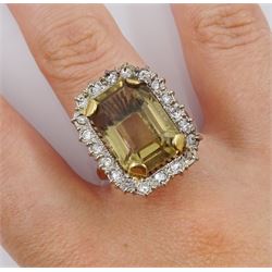 Gold emerald cut citrine/smoky quartz and diamond ring, stamped 18ct 
