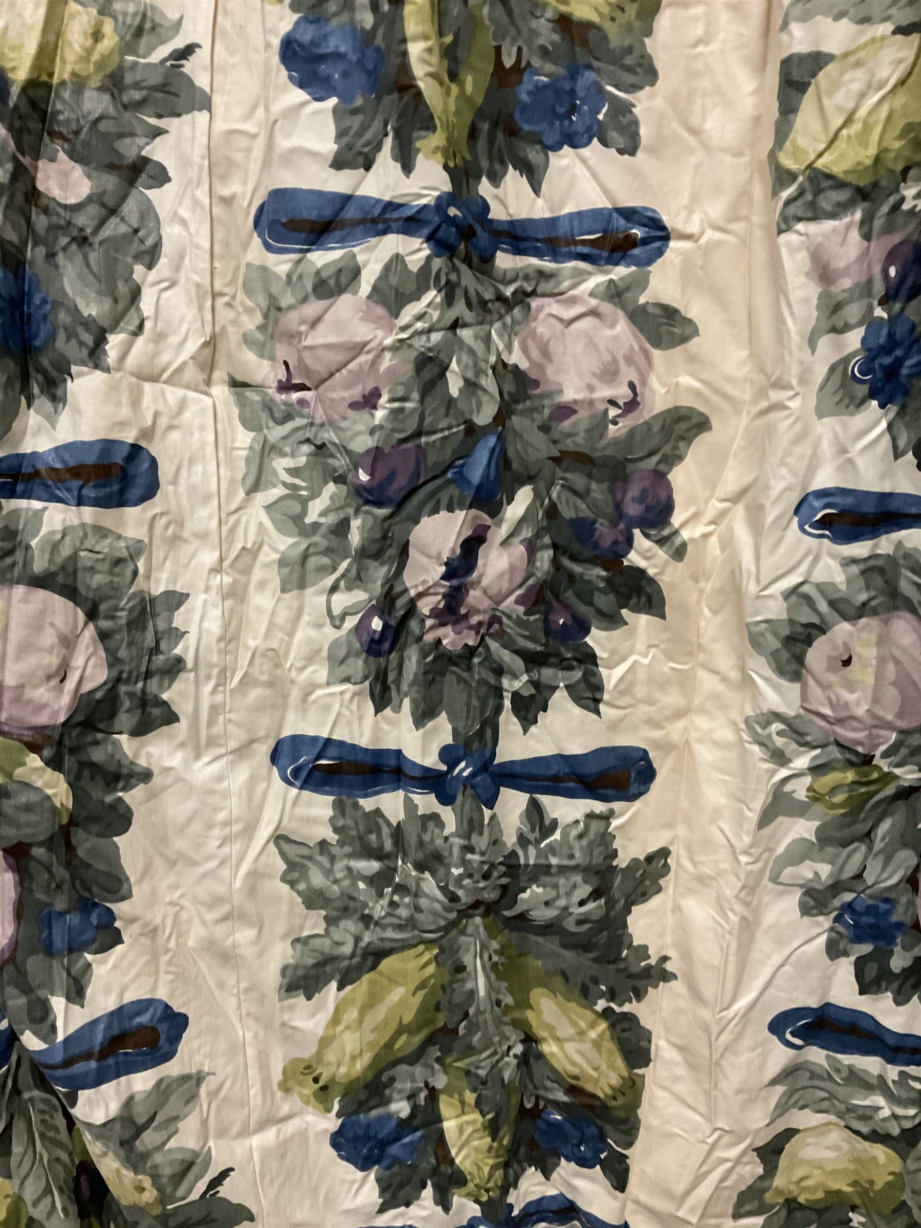 Large pair of Country House inter-lined curtains, cream fruit pattern, approx H395cm x W430cm overall each curtain