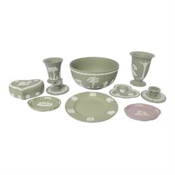 Wedgwood sage green jasperware to include Bowl, vases, covered trinket dish, plate etc