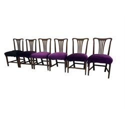 Set six 19th century country oak and elm dining chairs, high back with pierced splat, sprung seat upholstered in purple velvet fabric