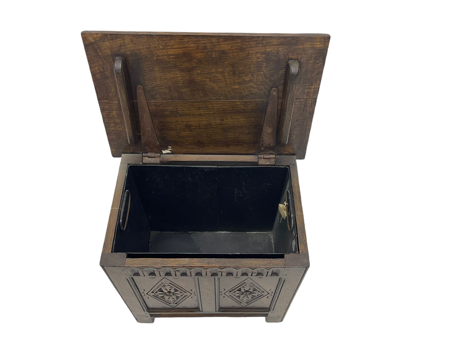 Tudor style oak coal type box with hinged top, with tin liner; and a coopered bucket (2)