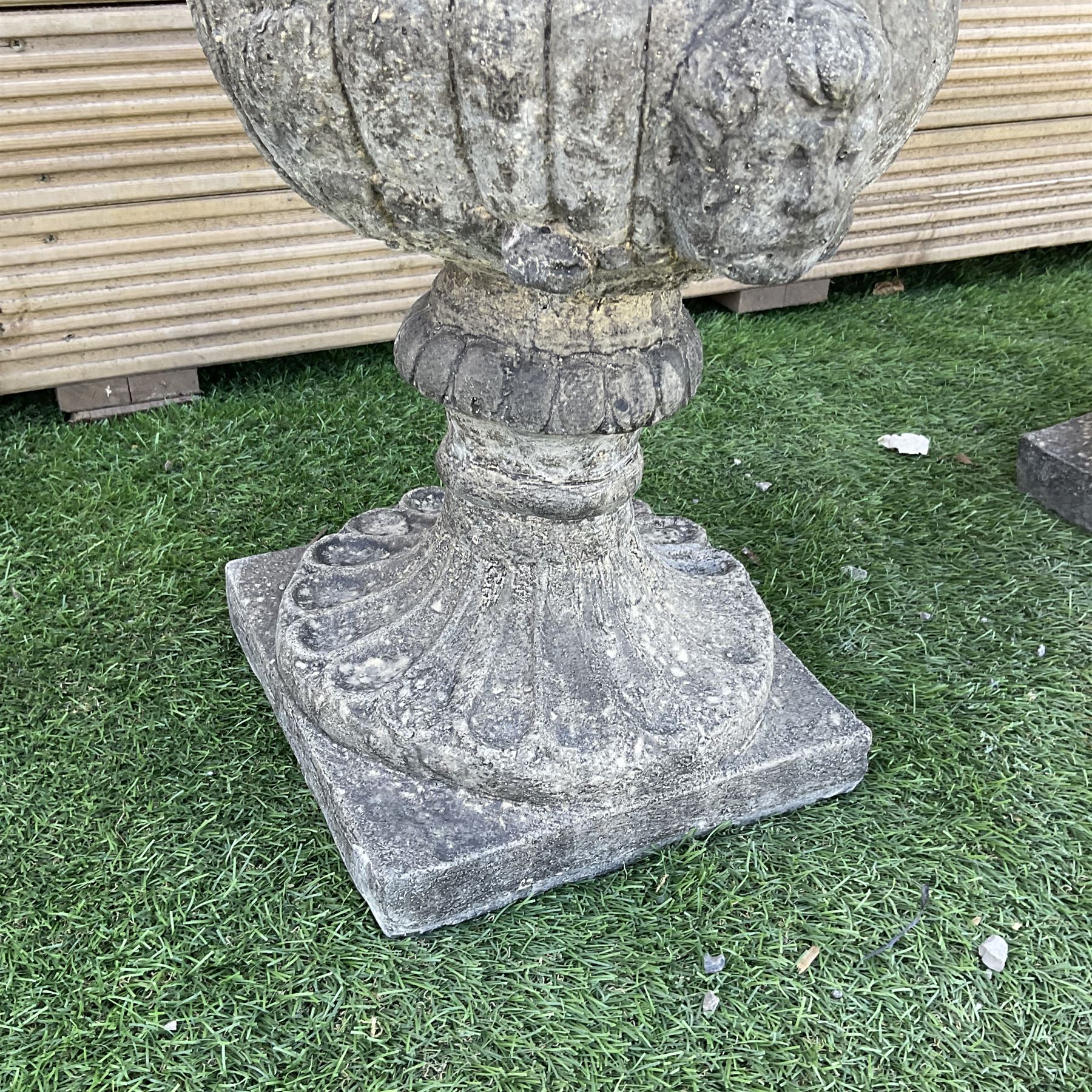 Pair of ornate Victorian style urns on plinth base, D40, H105 - THIS LOT IS TO BE COLLECTED BY APPOINTMENT FROM DUGGLEBY STORAGE, GREAT HILL, EASTFIELD, SCARBOROUGH, YO11 3TX
