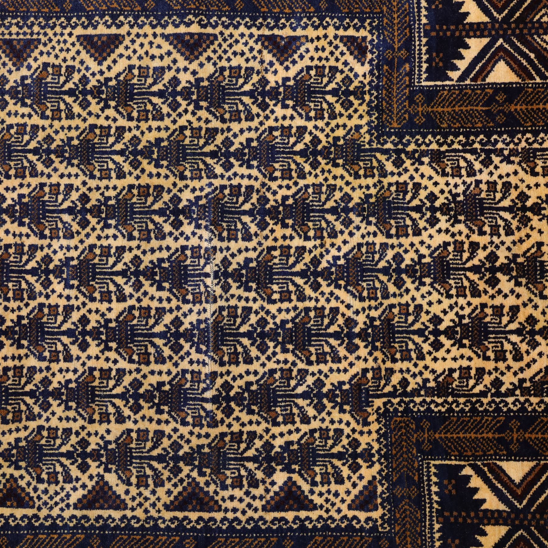 Afghan Ersari hand-knotted rug, apricot field decorated with three large octagonal gul medallions filled with geometric floral motifs, flanked by small tribal devices, end fringe fraying 97x167cm, together with a Baluch prayer rug, decorated with stylized tree motifs arranged in vertical rows beneath a stepped mihrab arch with multiple narrow borders of angular tribal motifs in shades of indigo, brown, and ochre fraying to flatweave ends, 134x84cm, (2)