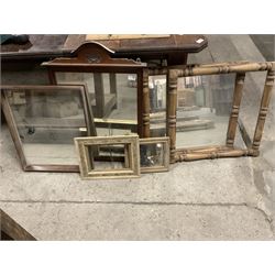20th century pitch pine framed wall mirror, the frame decorated with split turned uprights, together with a matching frame (63cm x 63cm); wait three other early 20th century mirrors and a frame - THIS LOT IS TO BE COLLECTED BY APPOINTMENT FROM THE OLD BUFFER DEPOT, MELBOURNE PLACE, SOWERBY, THIRSK, YO7 1QY