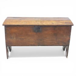 18th century oak coffer, with patinaed plank top, with iron strap hinges and latch 