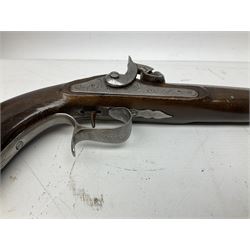 SECTION 1 FIREARMS CERTIFICATE REQUIRED OR REGISTERED FIREARMS DEALER - Pair of Reproduction Continental .44 calibre percussion target pistols, each with heavy 23.5cm octagonal to round barrel bearing various marks, crude scroll engraving to lock plate, hammer and octagonal section of barrel, unchequered walnut stock with brass butt plate and steel hooked trigger guard, numbered 8138 & 8164, L41.5cm overall; in maroon baize lined converted sapele mahogany fitted case bearing reproduction trade label for Trulock & Son Dublin containing small copper powder flask, steel scissor action bullet mould, nipple key, turned wooden mallet and lidded box, steel rammer and wooden cleaning rod, case L48cm