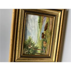 Pair of framed painted porcelain plaques, painted by Worcester artist Francis Clarke, the first example depicting cattle by lakeside, the second example depicting a winter landscape with figure and cattle crossing a bridge, each signed F Clark, each overall H14cm L17cm 