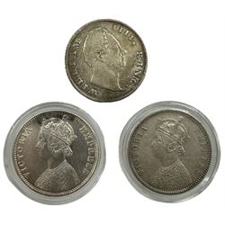 King William IIII East India Company 1835 one rupee and two Queen Victoria India one rupee coins dated 1879, 1901 (3)