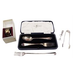 Group of silver, to include christening spoon and fork set, in fitted case, together with single napkin ring, two pairs of sugar tongs and a pickle fork, all hallmarked 