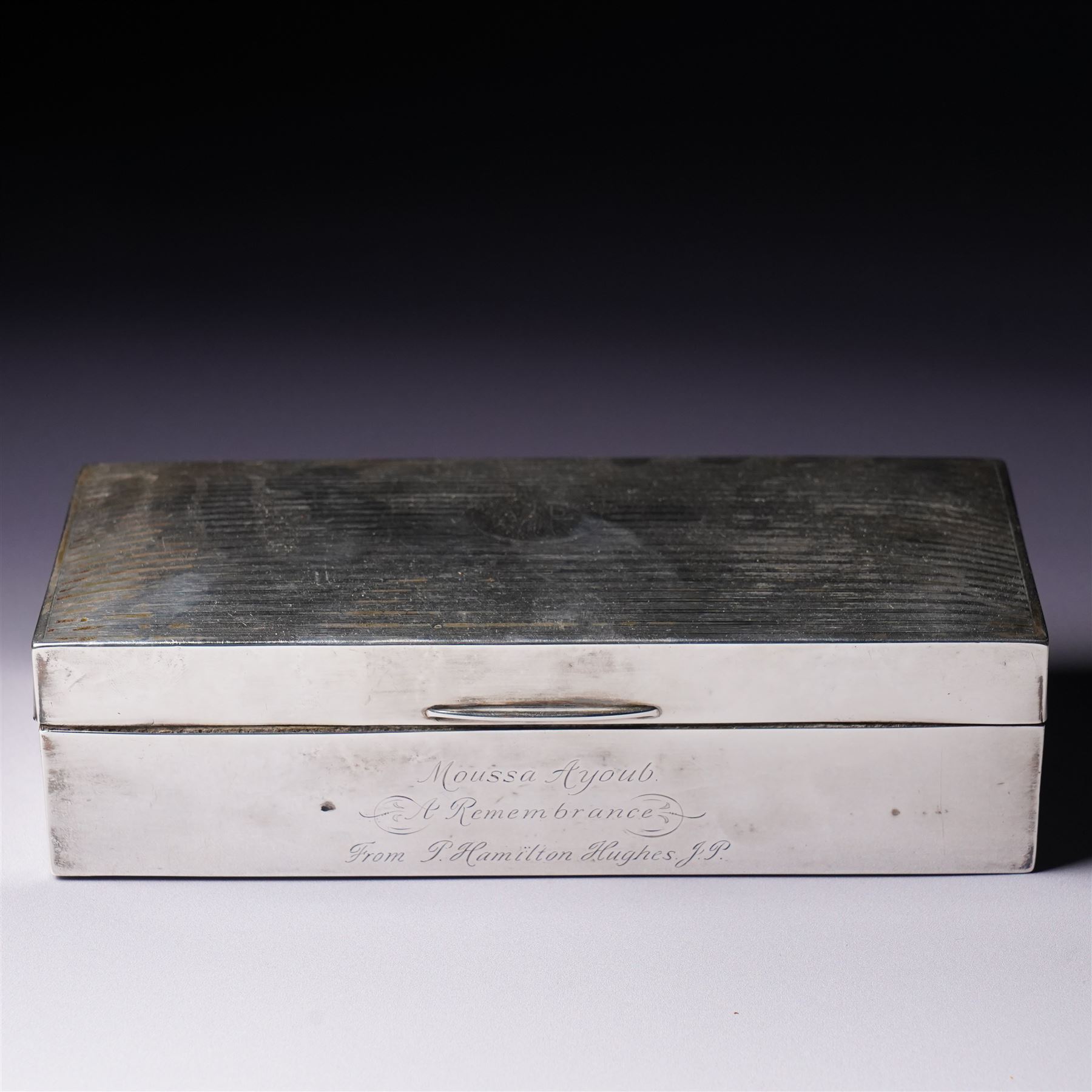Silver rectangular cigarette box with engine turned cover engraved with initials and presentation inscription W19cm London 1921 Maker Charles & Richard Comyns