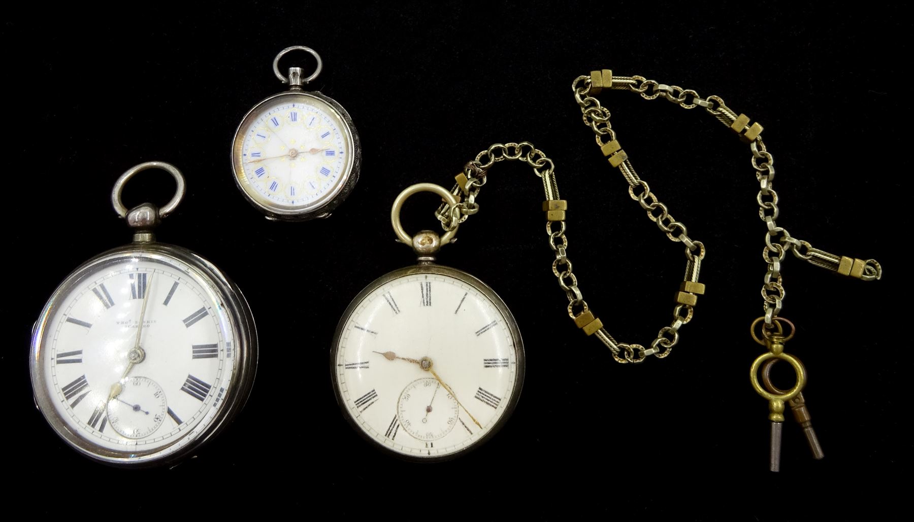 Victorian silver open face key wound lever pocket watch by Thomas Donkin, Scarborough, No. 18157, case by Charles Harris, Birmingham 1893, smaller silver pocket watch by George Cooper, Scarborough, No. 1836, on gilt watch chain, both with white enamel dials and subsidiary seconds dials and a silver fob watch