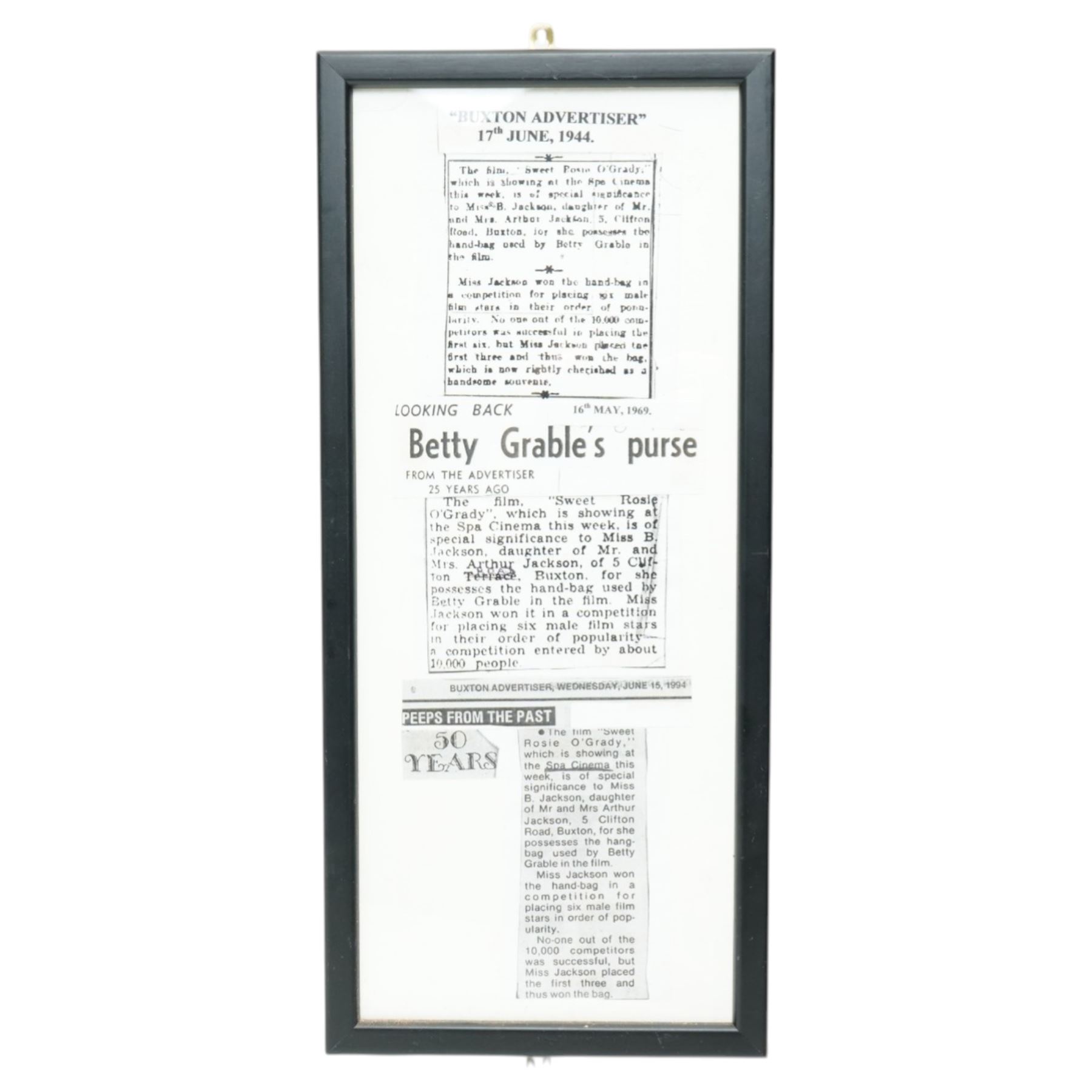 Betty Grable -  A purse designed as a bunch of violets and used by Betty Grable in the film 'Sweet Rosie O'Grady' 1943 and won in a competition in the Sunday Pictorial newspaper by Beth Jackson with newspaper cuttings, letter, photographs etc, together with a limited edition figure of Betty Grable by Modern Icons 458/2500, with magazines, books and other items relating to Betty Gable