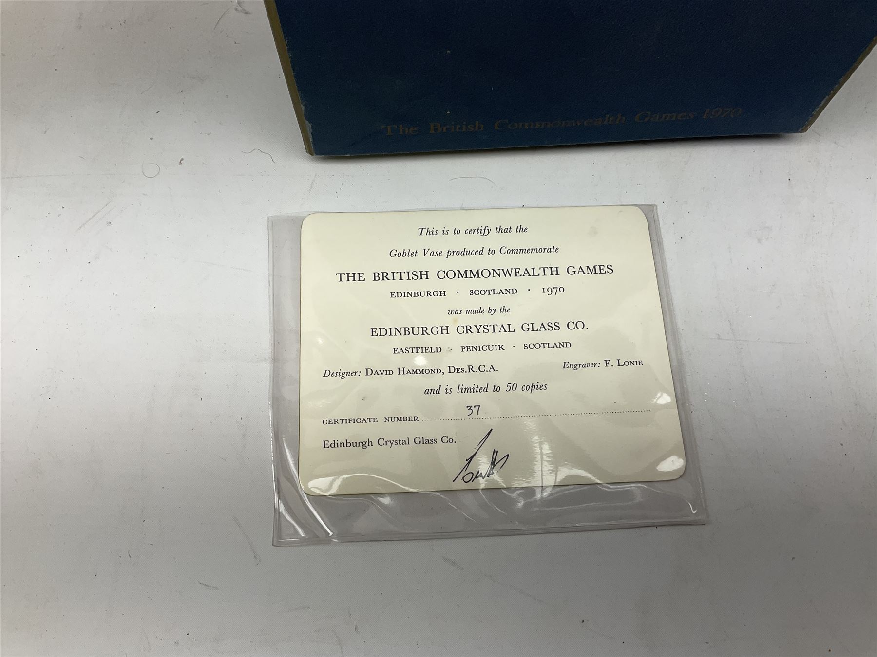 Edinburgh Crystal British Commonwealth Games 1970 goblet vase
Edinburgh crystal goblet vase commemorating the British Commonwealth Games 1970, designed by David Hammond, engraved by F.Lonie, no.37 of 50, with box, H23cm