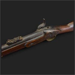 Two-Band short service musket, the L66cm barrel with sold out of service marks and indistinct marks, with ram rod beneath, the lock marked with crowned and Windsor 1855, overall L108cm
Sold as an exempt item under Section 58 (2) of the 1968 Firearms Act, to be held as a curiosity or ornament