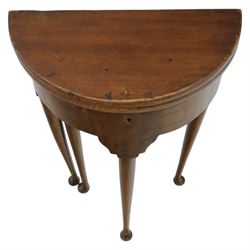 Small proportioned 19th century demi-lune drinks table, foldover top with gate action, raise on tapering cabriole legs