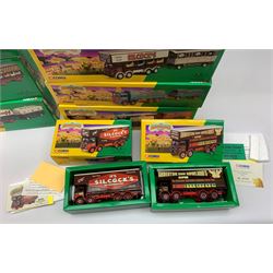 Corgi Showmans Range - twelve vehicles comprising 24801 Leyland Dodgem Truck & Caravan Set, 16501 Scammell Highwayman Ballast with Closed Pole Trailer & Caravan Set, 15901 Scammell Highwayman Generator with Closed Pole Trailer & Dodgem Trailer Set, 16502 Scammell Highwayman Ballast with Closed Pole Trailer & Caravan Set, 21701 AEC Closed Pole Truck with Closed Pole Trailer Set, 12601 Foden Closed Pole Truck Set, 27801 Atkinson Open Pole Truck Set, 09901 ERF Dodgem Truck & Box Trailer Set, 27602 Atkinson 8 Wheel Rigid Truck & Trailer with Loads Set, 24401 Leyland 8 Wheel Rigid Truck Set, 16101 Scammell Highwayman Crane Set and 06601 Morris 1000 Advanced Publicity Van Set; all virtually mint and boxed with certificates and paperwork (12)