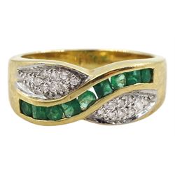 14ct gold channel set emerald and pave set diamond crossover ring, hallmarked