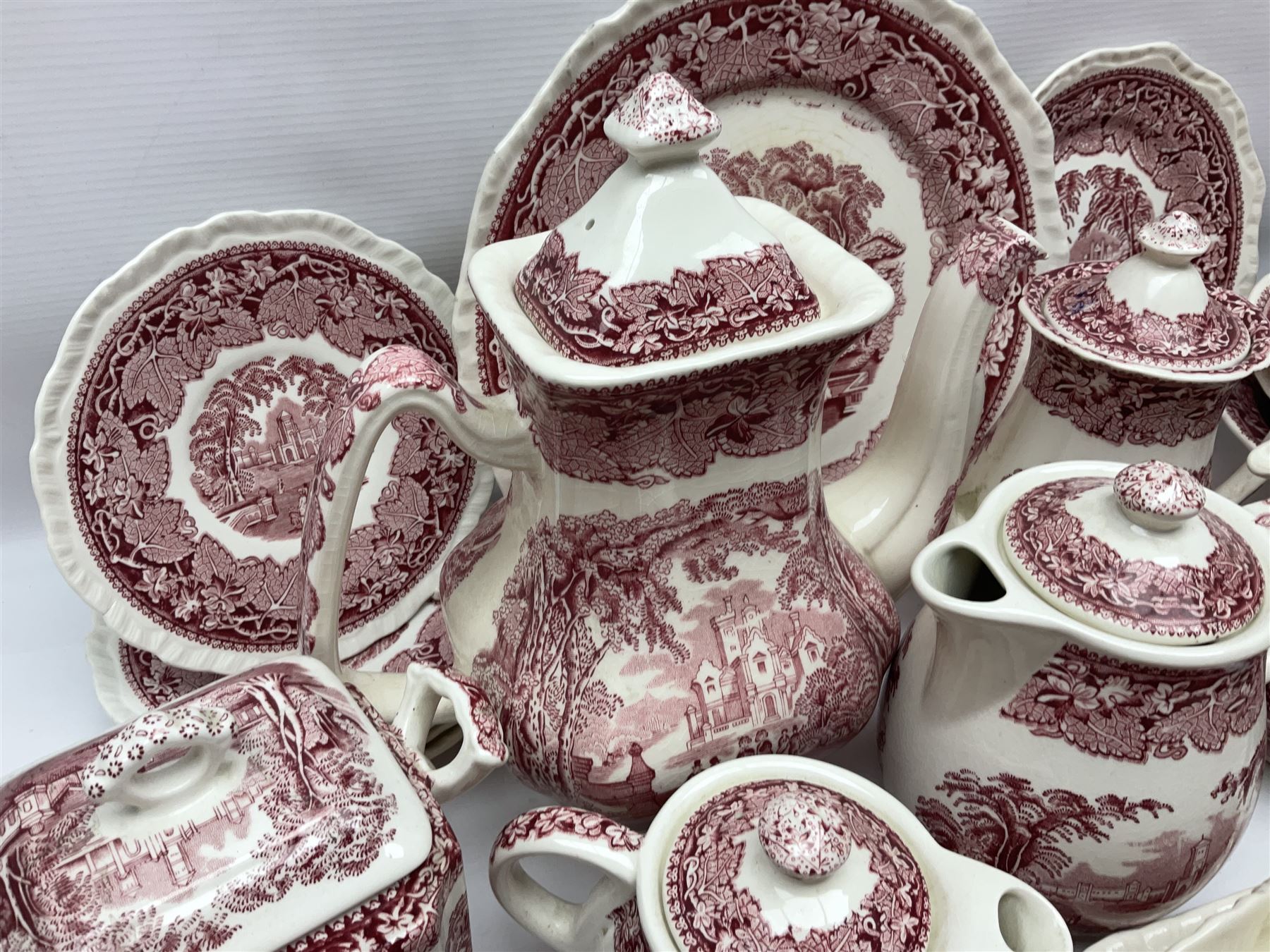 Masons Vista pattern ceramics, including coffee pot, sauce boat, twin handled jar and cover, teapots, mugs, etc 