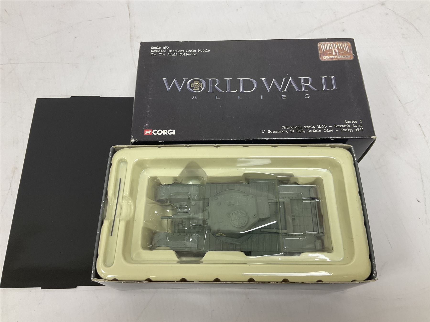 Ten Corgi Military models - Aviation Archive AA35706 Birth of the Jet Engine; WWII Legends CC60502 Tiger 1 Tank; VE Day CC60606 Cruiser Tank; four WWII Collection CC51707, CC60002, CC60301 & CC60105; WWII Allies Churchill Tank; WWII Adversaries Krauss-Maffei Semi-Track; and 07501 British Army Landrover & Trailer; all boxed (10)