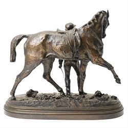 After Pierre Jules Mene (French 1810-1879): Vainqueur!!!, bronze equestrian group of a Derby jockey leading his horse on naturalistic moulded oval base, titled signed and dated 1866, H37cm W43cm