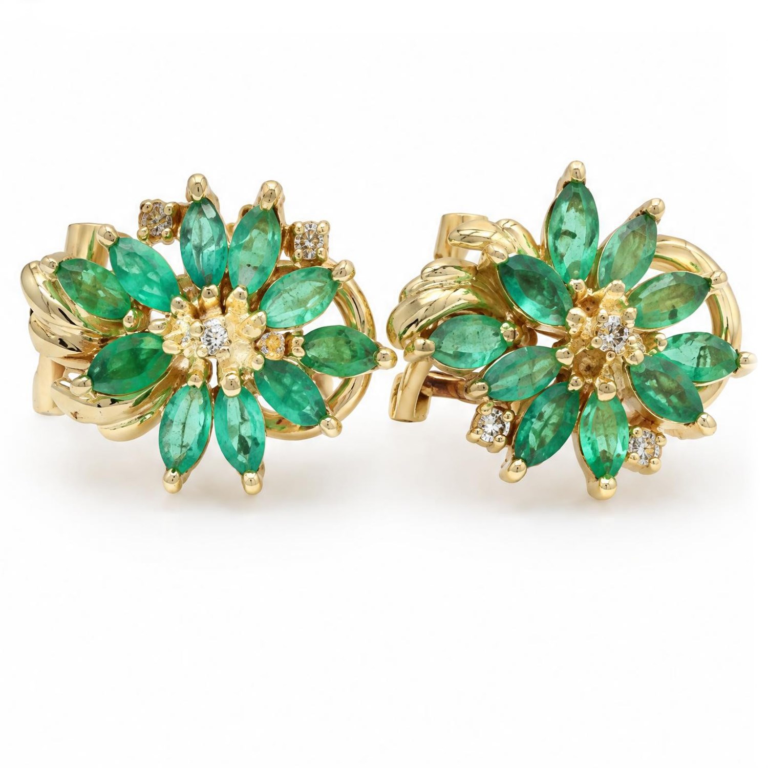 Pair of 14ct gold emerald and diamond cluster earrings, each stud set with ten marquise cut emeralds and three round cut diamond accents, stamped 14K