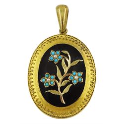 Victorian gold mourning pendant, black enamel plaque with applied gold, pearl and turquoise flower decoration