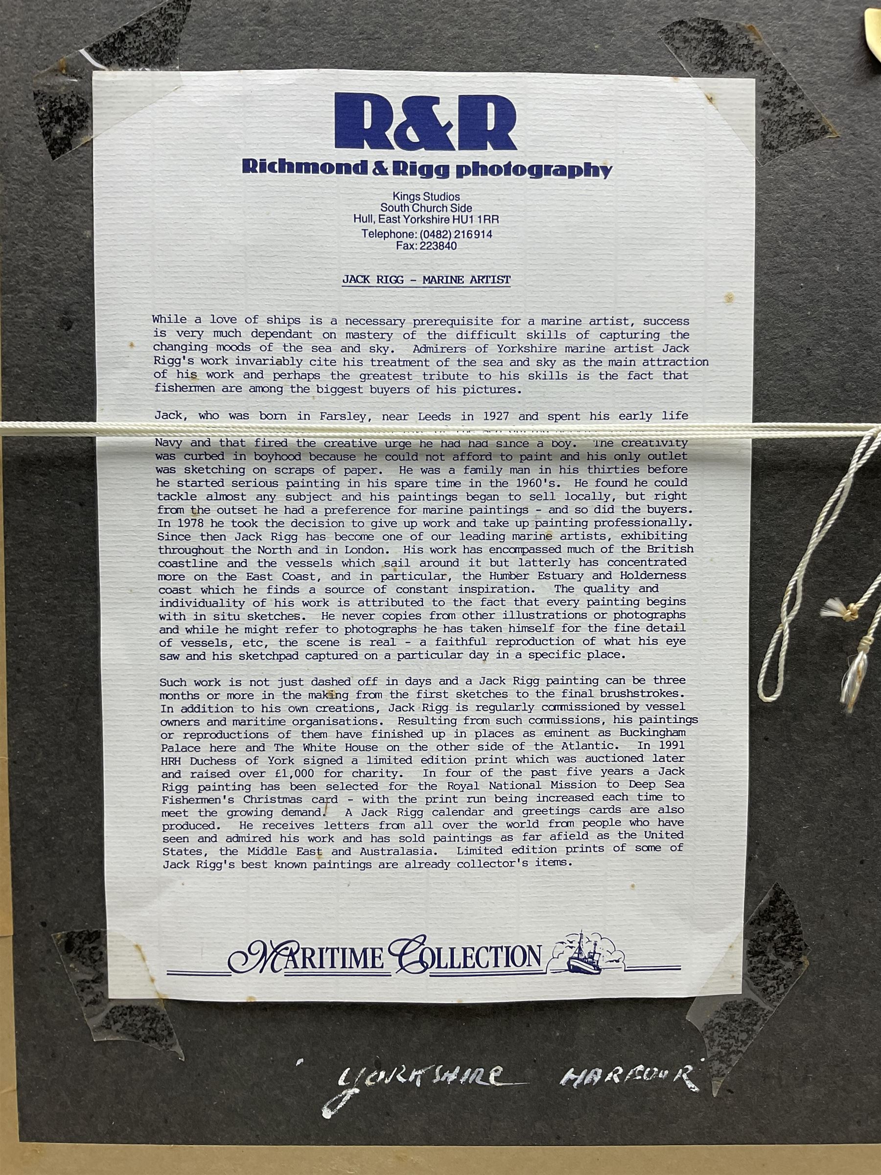 Jack Rigg (British 1927-2023): 'Yorkshire Harbour' - Scarborough, oil on canvas board signed and dated 1989, titled verso 44cm x 64cm