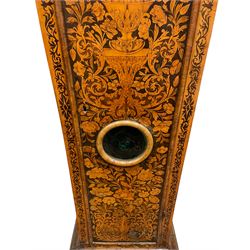 William & Mary floral marquetry 8-day longcase clock c 1700, later mid-18th century four pillar rack striking movement with a square brass dial and subsidiary seconds dial, ringed winding holes and calendar aperture to the matted dial centre, with London cherub head cast spandrels and (later) fretted steel hands, silvered Roman numeral chapter ring with stylised fleur di Lis half hour makers, narrow Arabic five-minutes, minute track and inner quarter hour track, signed Thomas Horlock, Hammersmith, 
case with box upstand to the domed floral marquetry decorated caddy with three brass flame finials, above a moulded cornice and fretwork frieze,  inlaid hood door with attached barley twist pillars to the front above an inlaid convex moulding, full length D moulded trunk door with a circular lenticle inlaid with floral and foliage panels inhabited with birds, on a conforming marquetry plinth with applied double skirting. Thomas Horlock is recorded as a Whitesmith & Clockmaker of Hammersmith, Middlesex.
A copy of Thomas Horlock's will dated the 15th June 1757 is held at The National  Archives Kew.