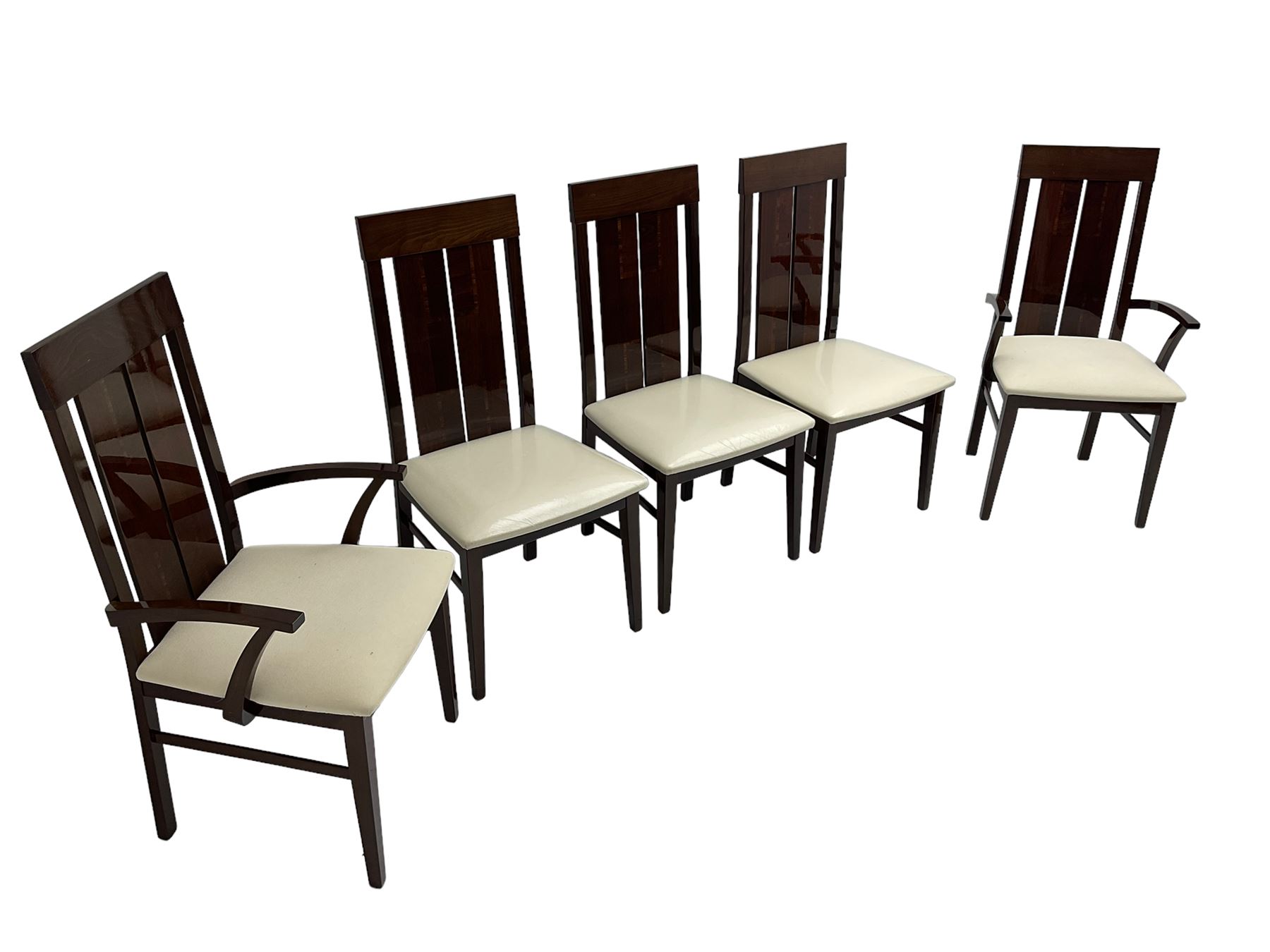 Large American walnut rectangular dining table on square block supports, together with set eight high back dining chairs with cream upholstered seats, the top and chair backs with matching inlaid geometric banding